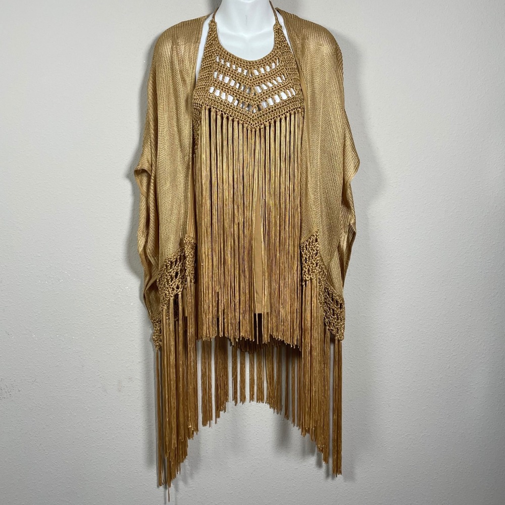 Boston Proper 2pc Set S Gold Boho Hippie Crochet Fringe Halter Kimono Topper